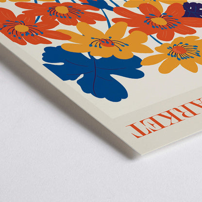 Closeup detail of Vibrant orange yellow and blue flower artwork poster titled Flower Market Barcelona by artist Moryarty with text displayed at top and bottom