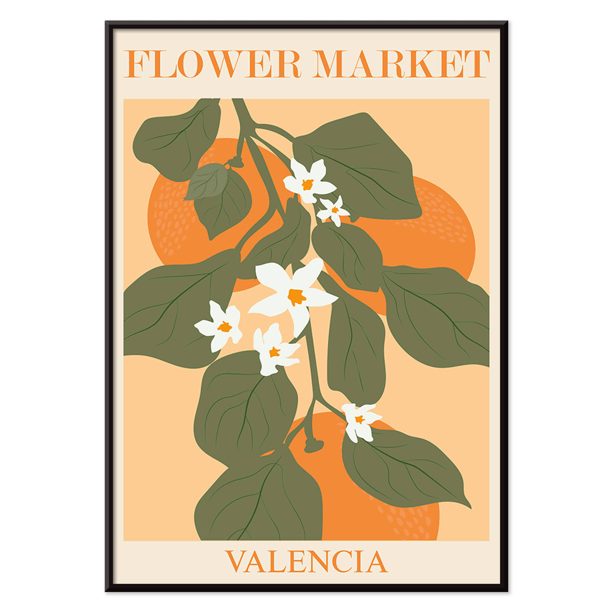 Flower Market Valencia by Moryarty poster illustration with green leaves and white flowers on orange background, with black aluminium frame on white background