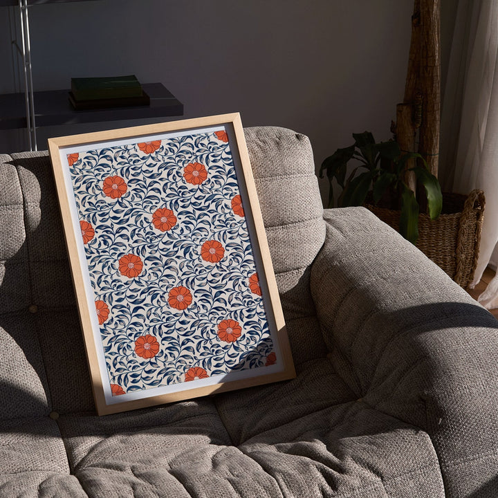 Floral pattern artwork by Owen Jones titled Flower pattern Examples of Chinese Ornament featuring red flowers and blue leaves, framed and displayed in modern living room decor