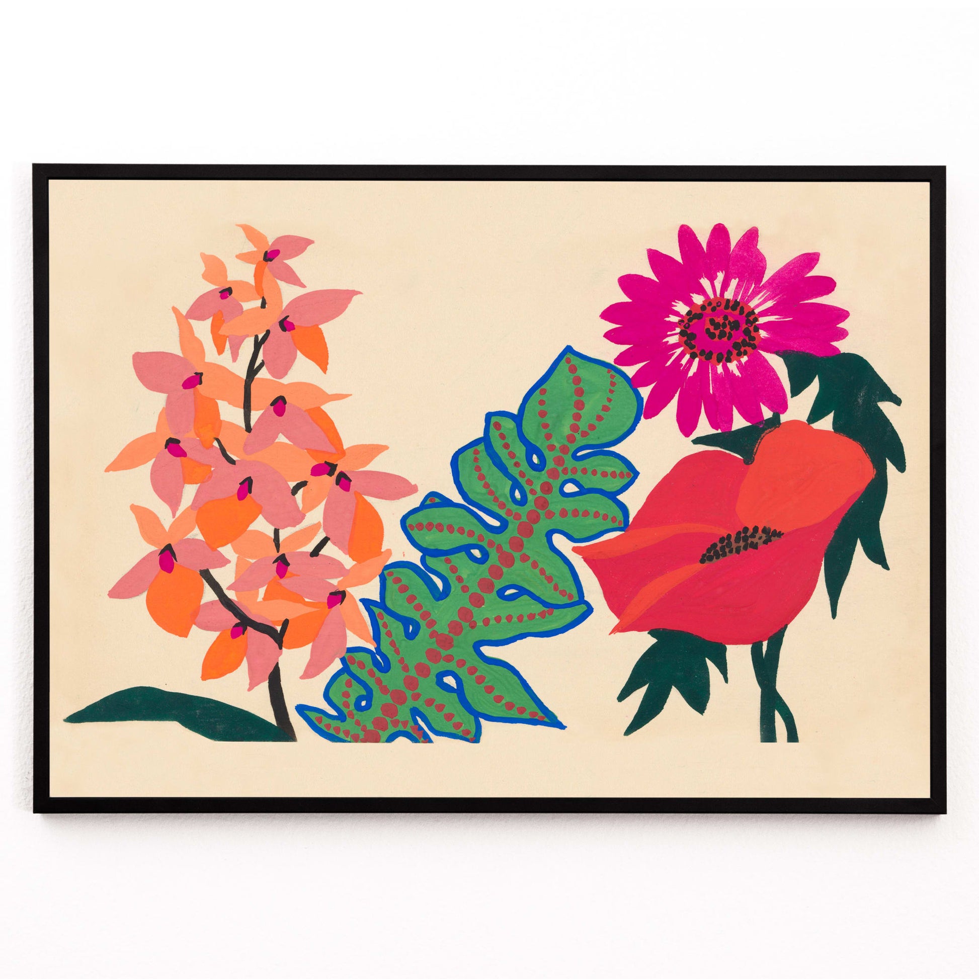 Closeup detail of Colorful botanical illustration poster of vibrant pink flowers and green leaves from Leaves and flowers by Atelier Martine on a beige background