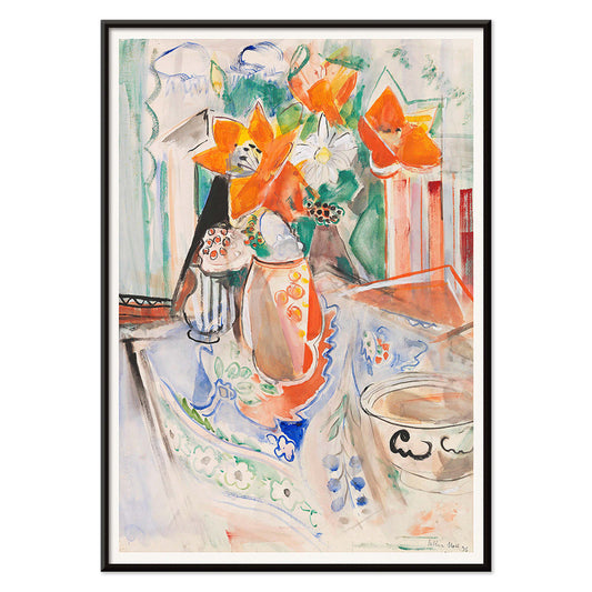 Floral still life poster by Oskar Moll with vibrant flowers in striped jug and bowl on colorful tablecloth, with black aluminium frame on white background