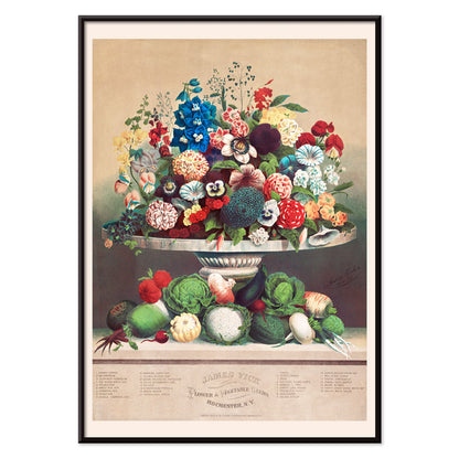 Colorful poster of flowers and vegetables in a vase by Anton Carl Rahn for wall decor, with black aluminium frame on white background