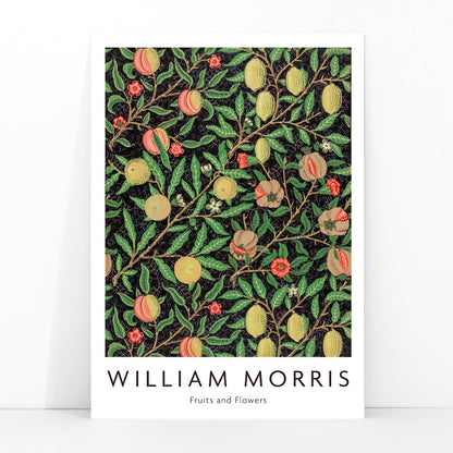 Colorful fruit and floral pattern artwork by William Morris featuring detailed branches leaves and vibrant fruits ideal for home decor, framed and displayed in modern living room decor