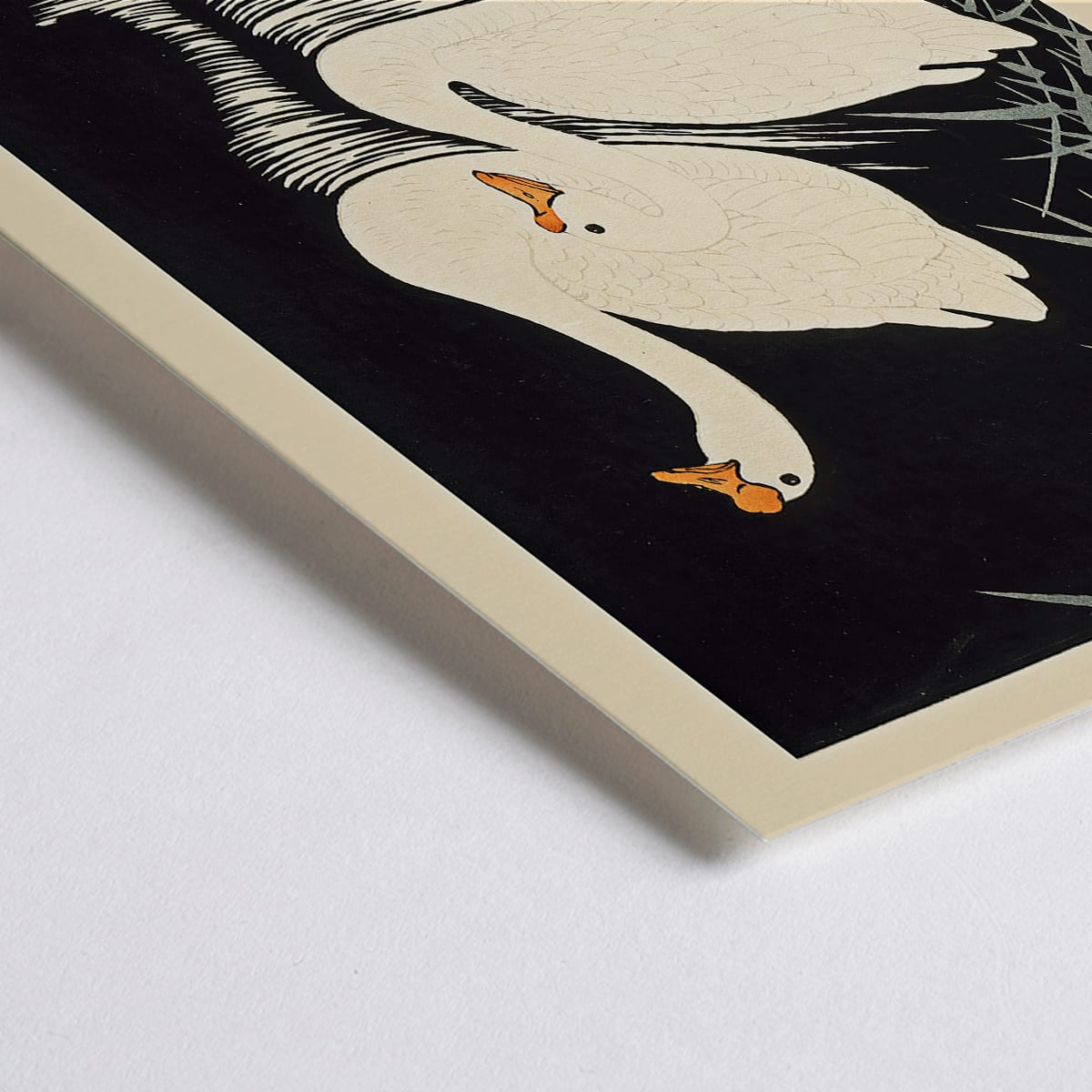 Closeup detail of White Chinese Geese Swimming by Ohara Koson featuring two elegant white geese on water with bamboo leaves and reeds poster artwork