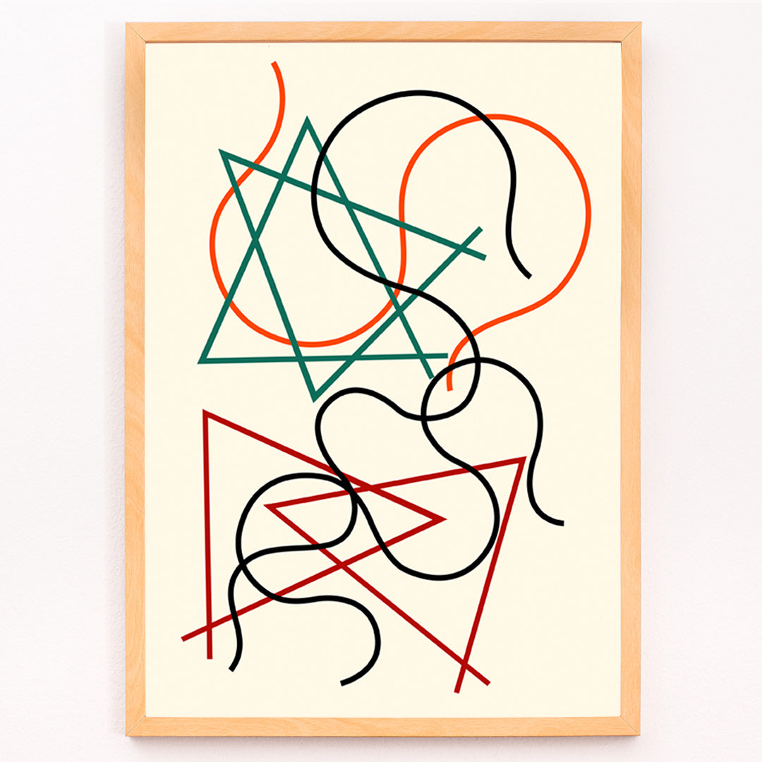 Closeup detail of Abstract geometric and wavy lines artwork in green red orange and black by Myriam Thyes titled Lignes géométriques et ondoyantes