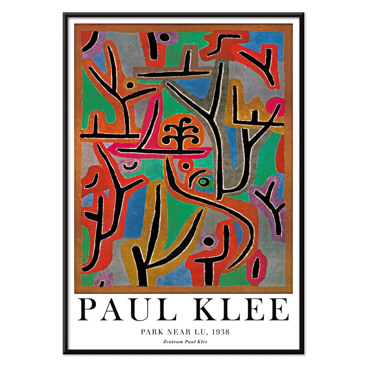 Exhibition poster of Park Near Lu by Paul Klee featuring vibrant abstract shapes and bold lines in diverse colors, with black aluminium frame on white background
