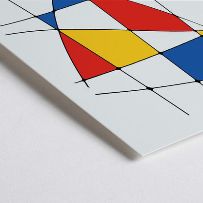 Closeup detail of Abstract art painting and poster titled Geometric Lines and colors 1 featuring intersecting black lines with red yellow and blue colorful shapes