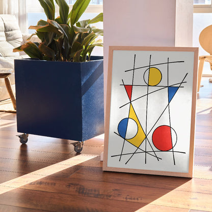Abstract artwork by Geometric Lines and colors 3 with intersecting black lines and vibrant geometric shapes in red blue and yellow, framed and displayed in home decor
