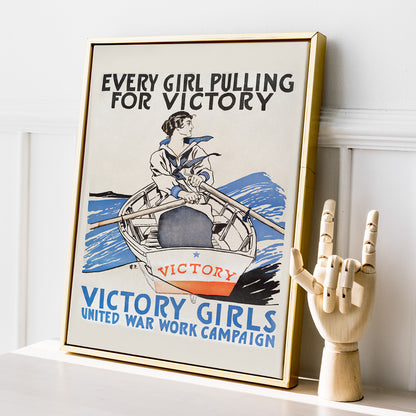 Woman rowing a boat in sailor uniform promoting war effort Victory Girls United War Work Campaign poster by Edward Penfield, framed and displayed in home decor