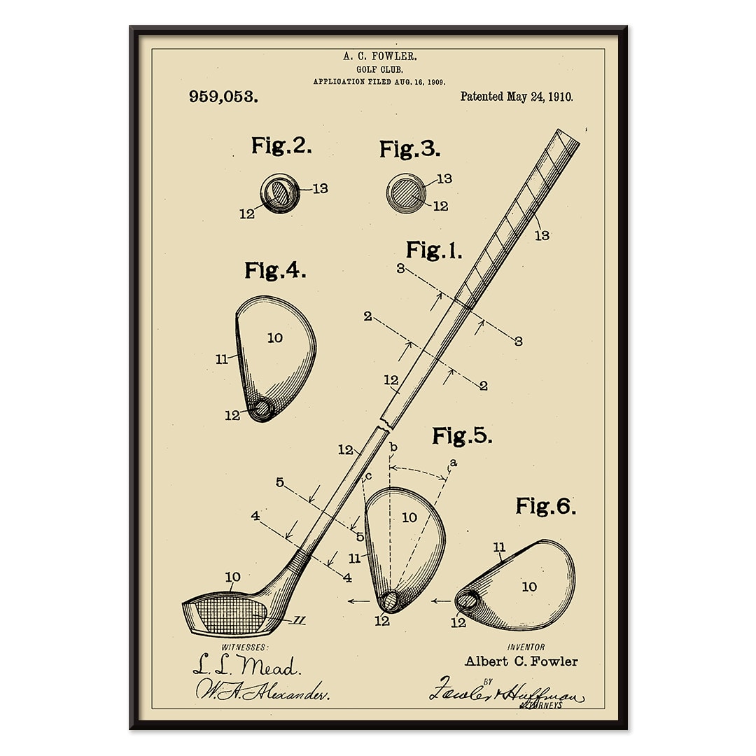 Golf Club Patent by A C Fowler with detailed technical drawings specifications and labeled parts poster, with black aluminium frame on white background