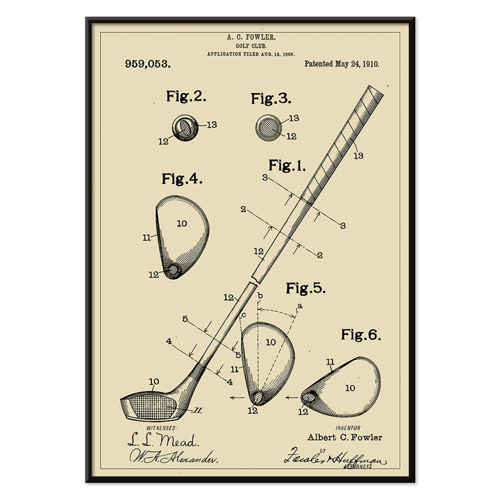 Golf Club Patent by A C Fowler with detailed technical drawings specifications and labeled parts poster, with black aluminium frame on white background