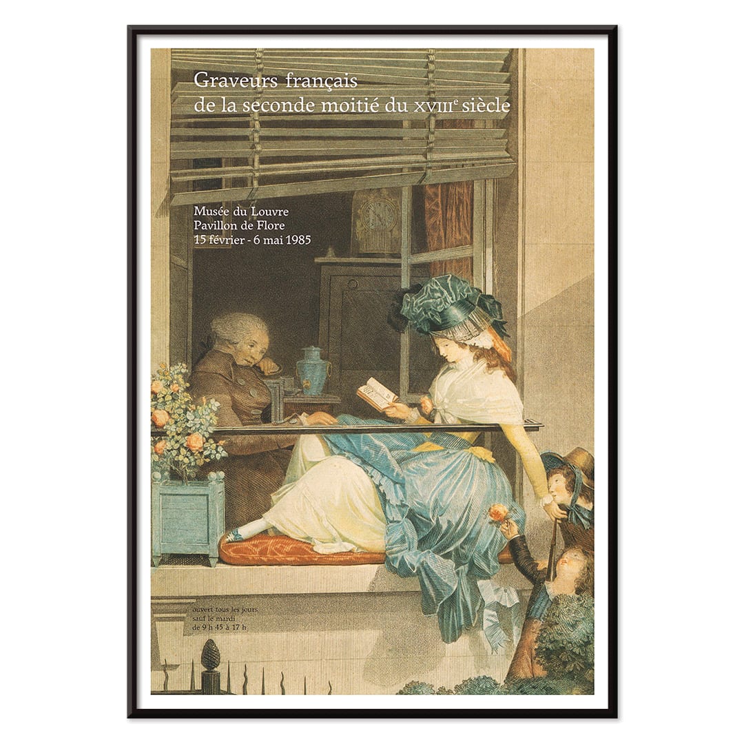 French engravers artwork of a woman reading with a child and elderly man nearby from Graveurs francais de la seconde moitie du XVIIIe siecle, with black aluminium frame on white background