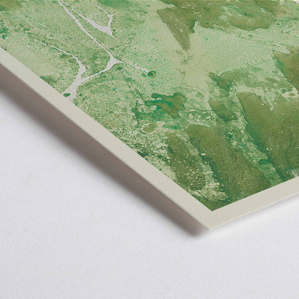 Closeup detail of Margarete Rumpf Green marbled paper poster with swirling green and pale beige abstract textures vertical composition
