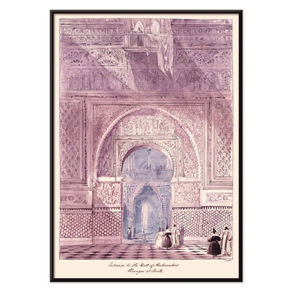 Charles Hamilton Smith painting and poster of Entrance to the Hall of Ambassadors Alcazar at Seville featuring detailed architectural scene with figures, with black aluminium frame on white background