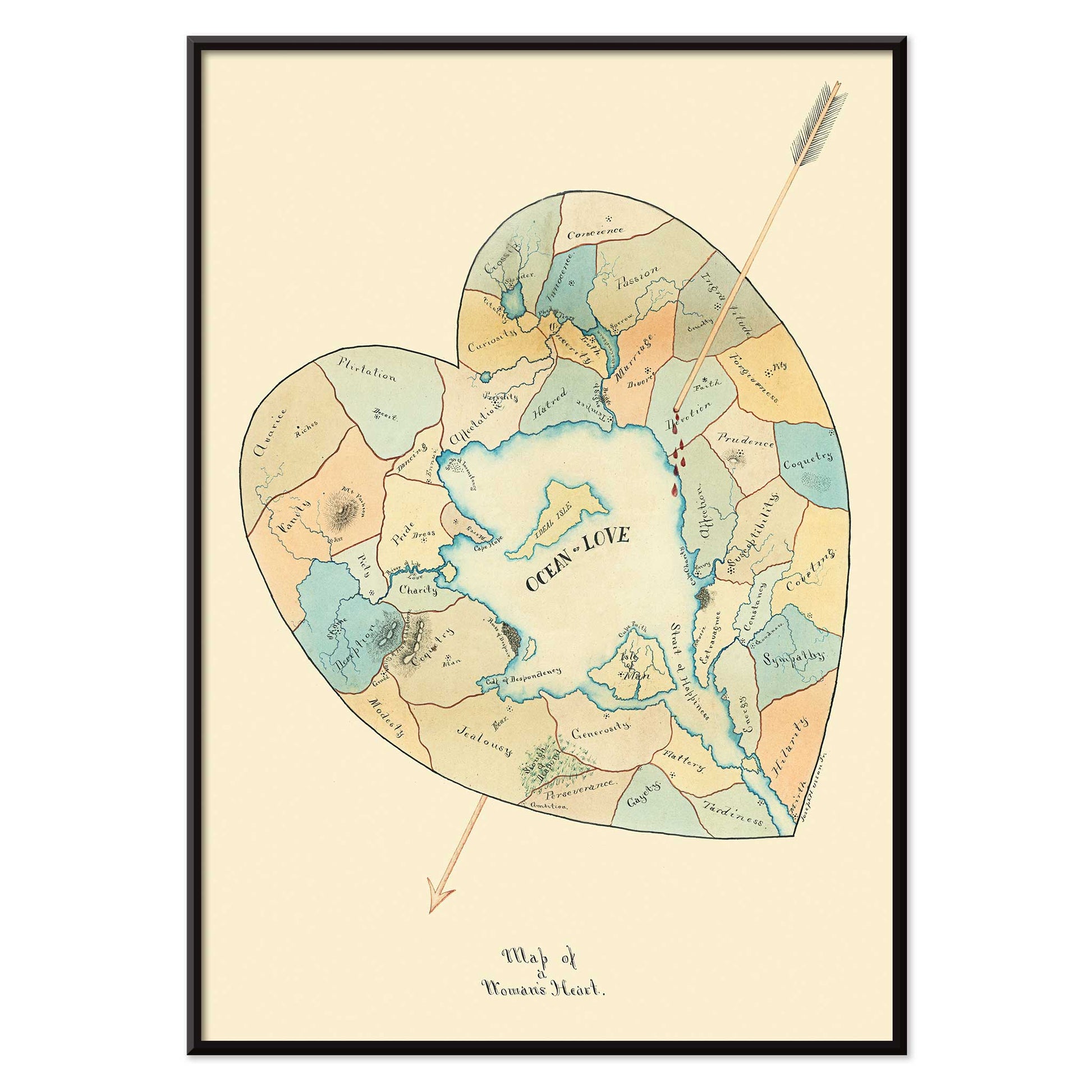 Joseph Husson Map of a Womans Heart 2 poster featuring a heart shaped map with an arrow, soft pastel blue and beige details, vintage style, with black aluminium frame on white background