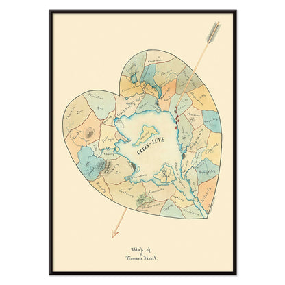 Joseph Husson Map of a Womans Heart 2 poster featuring a heart shaped map with an arrow, soft pastel blue and beige details, vintage style, with black aluminium frame on white background
