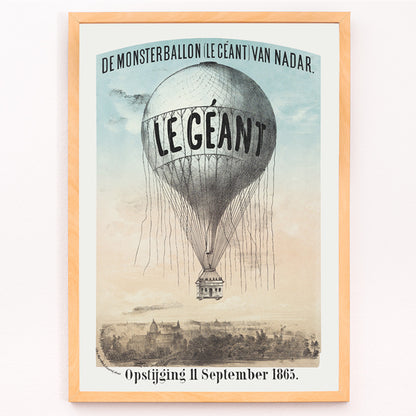 Closeup detail of Hot air balloon Le Géant by Nadar Morriën and Amand flying above a cityscape poster titled The Monster Balloon