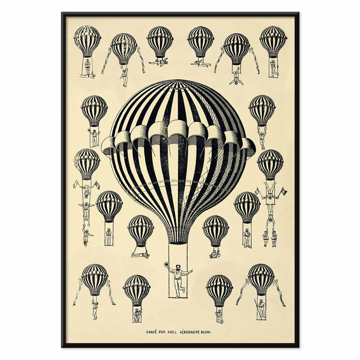 Henry La Vaulx Hot Air Balloon Study vintage scientific balloon chart with black and white striped balloons poster, with black aluminium frame on white background
