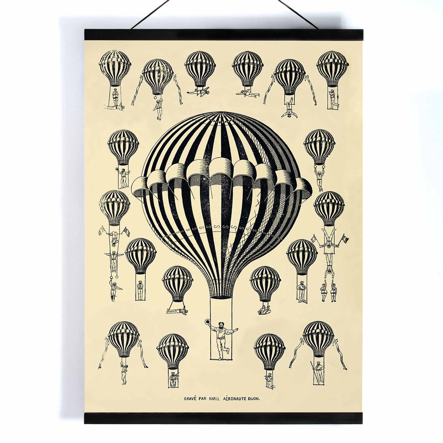 Henry La Vaulx Hot Air Balloon Study vintage scientific balloon chart with black and white striped balloons poster, with wooden magnetic frame on white background