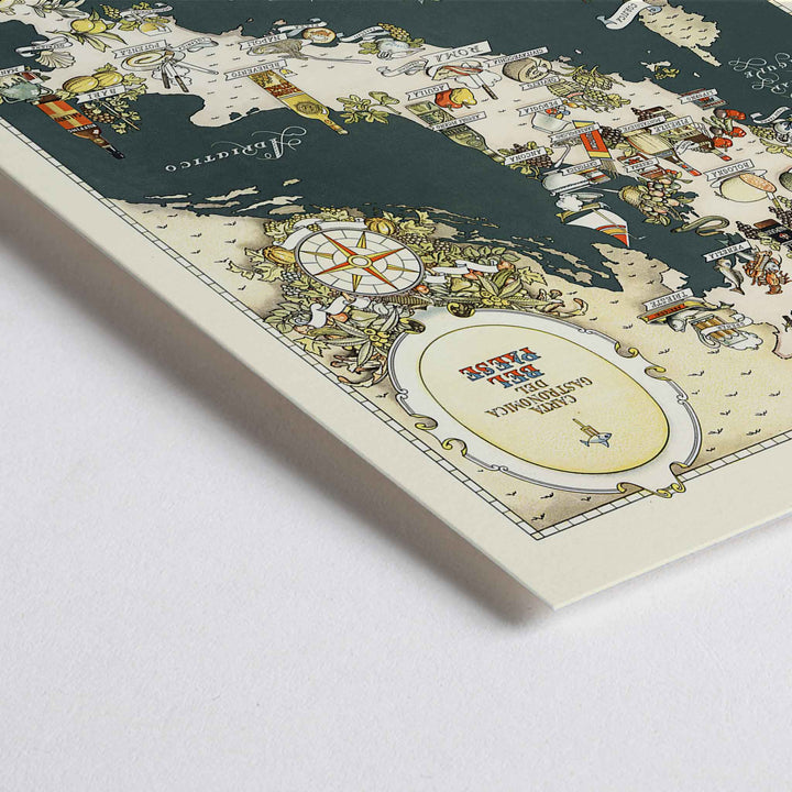 Closeup detail of Vsevolod Nicouline Gastronomic Map of Italy poster with illustrated regional foods coastal boats and vintage blue beige details