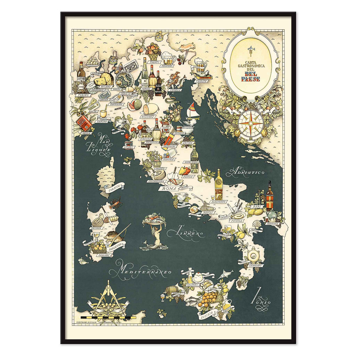 Vsevolod Nicouline Gastronomic Map of Italy poster with illustrated regional foods coastal boats and vintage blue beige details, with black aluminium frame on white background