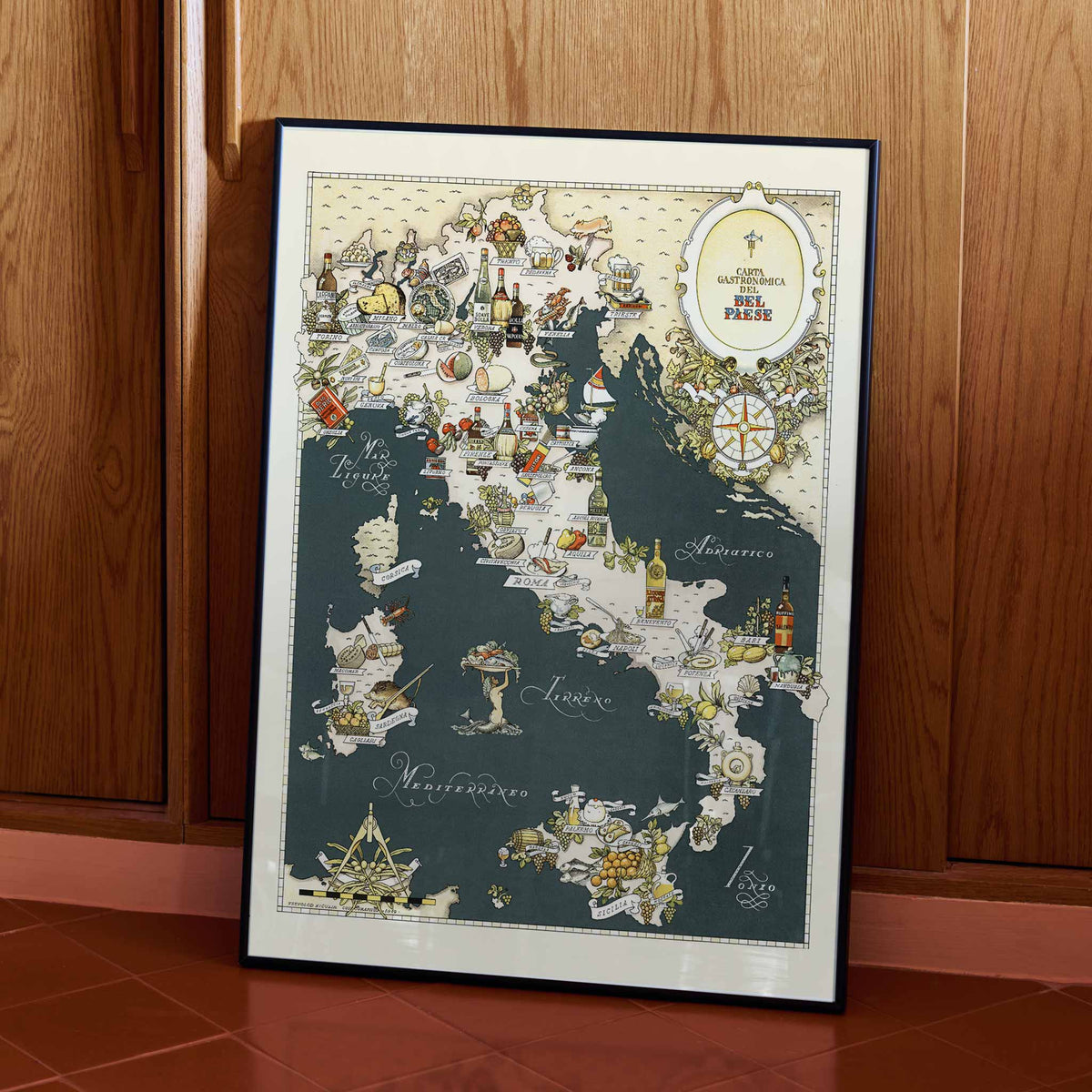 Vsevolod Nicouline Gastronomic Map of Italy poster with illustrated regional foods coastal boats and vintage blue beige details, with wooden magnetic frame on white background