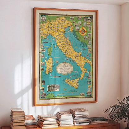 Map of Italy and Vatican City by Ernest Dudley Chase illustrated poster with colorful landmarks and detailed design, framed and displayed in modern living room decor