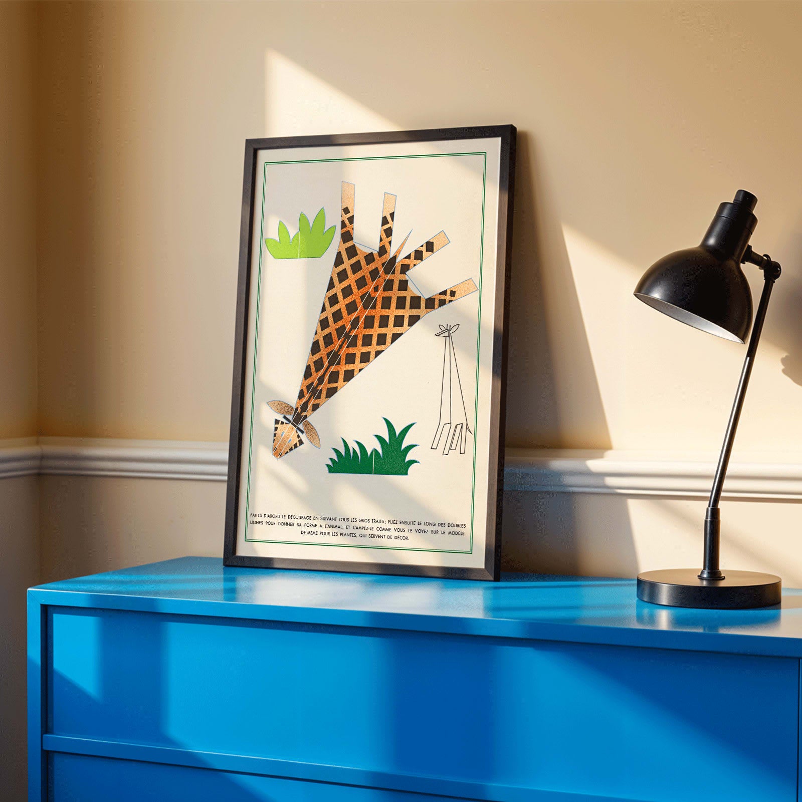 Abstract giraffe artwork with green leaves by Turenne Chevallereau titled La Jungle chez moi Pl.05 poster, framed and displayed in modern living room decor