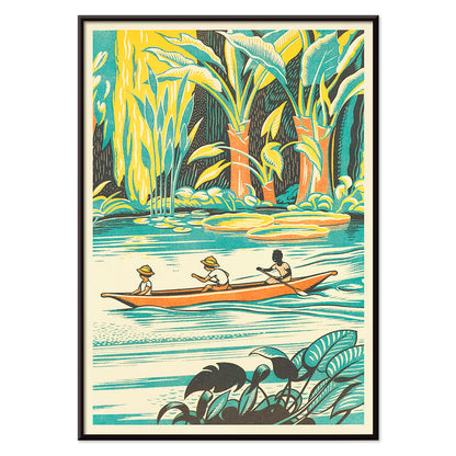 Three people canoeing through lush jungle foliage on a river vibrant greenery A Jungle Picnic Pl by Clifford Webb poster, with black aluminium frame on white background