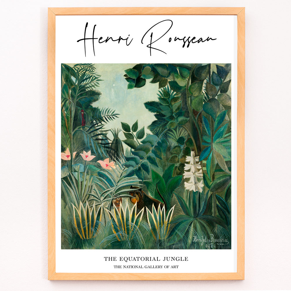 Closeup detail of Lush green rainforest with exotic plants flowers and hidden animals inspired by The Equatorial Jungle painting by Henri Rousseau