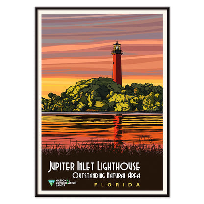 Jupiter Inlet Lighthouse Outstanding Natural Area in Florida artwork and poster with sunset reflection on water and trees, with black aluminium frame on white background