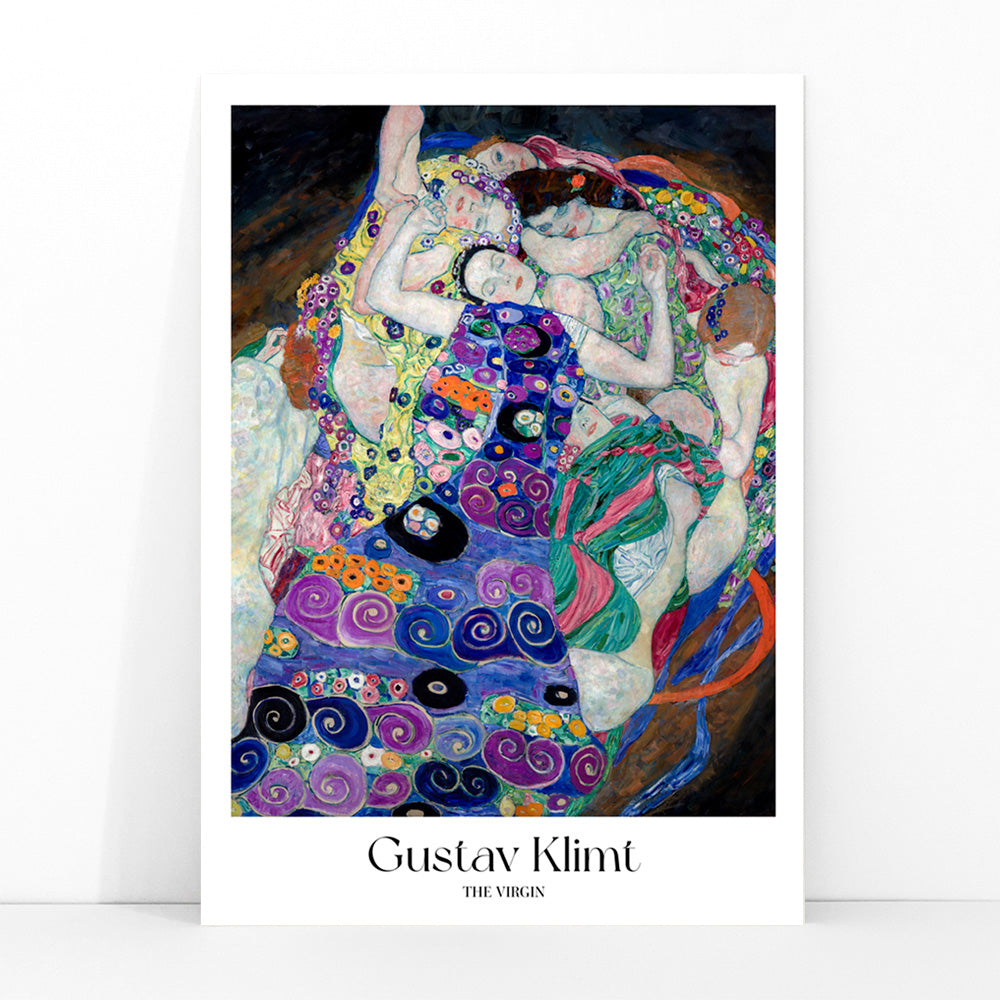 Colorful abstract poster of The Virgin by Gustav Klimt featuring intertwined women in vibrant patterned fabrics and floral designs, framed and displayed in modern living room decor