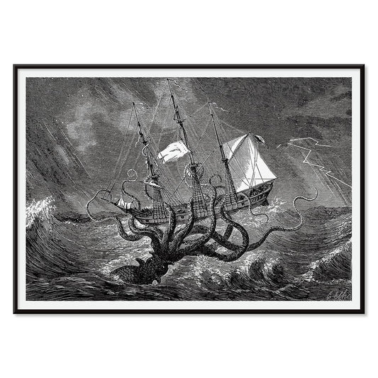 The Kraken attacking a ship in stormy seas sea monster poster titled The Kraken as seen by the eye of imagination, with black aluminium frame on white background