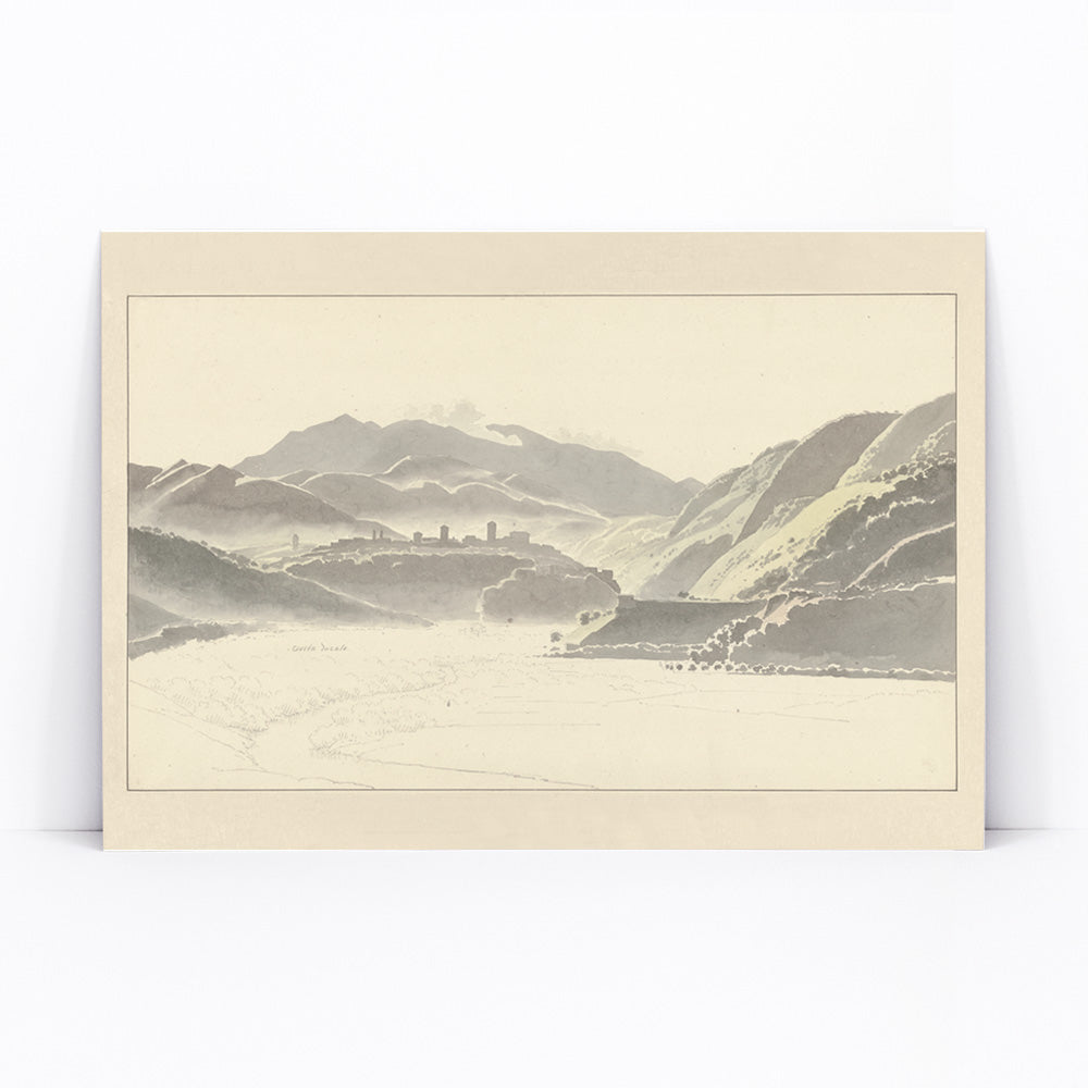 Landscape of Cittaducale with hills mountains and distant town by Josephus Augustus Knip poster titled View of Cittaducale, framed and displayed in modern living room decor