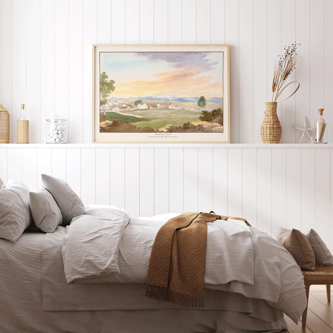 Serene landscape of rural buildings at sunset in Quintel do Brula by Charles Hamilton Smith with houses trees mountains and colorful sky poster, framed and displayed in home decor