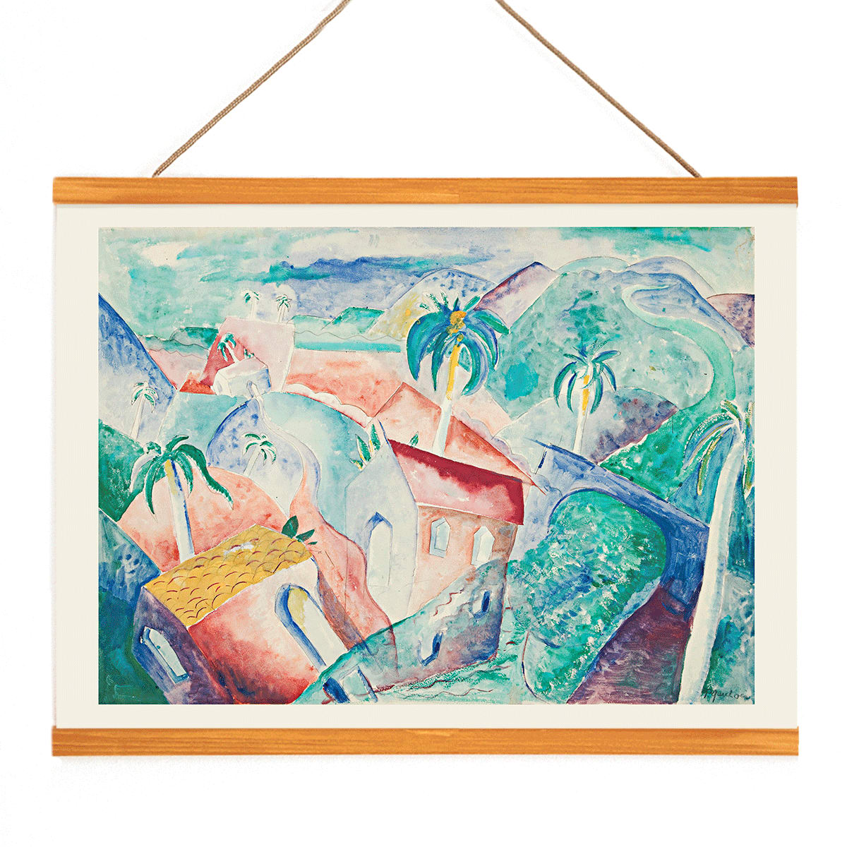 Colorful abstract Cuban landscape painting by Paul Gaulois featuring palm trees and vibrant houses in a tropical scenic setting poster, with wooden magnetic frame on white background