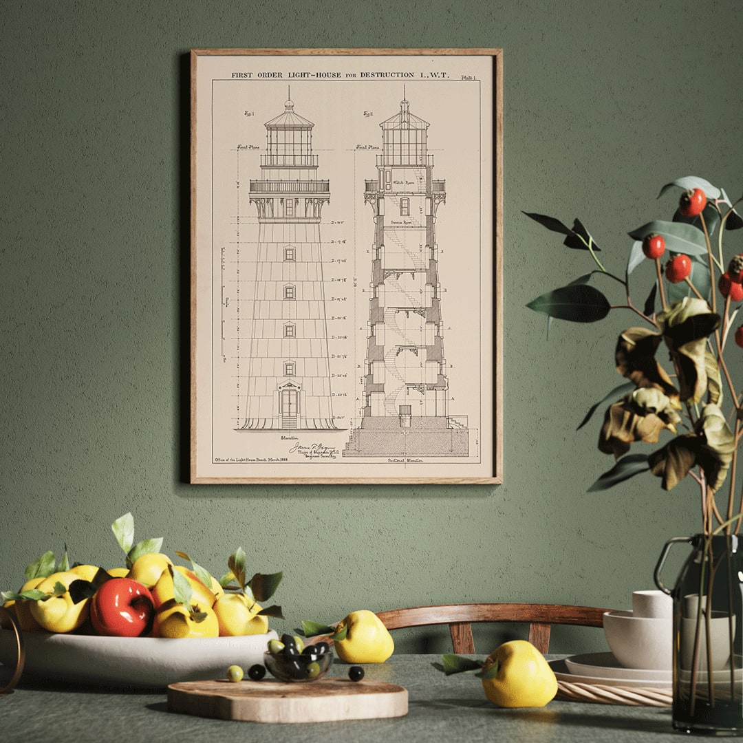 Section and elevation drawing of the Lighthouse at Destruction Island Washington by James G Hill poster, framed and displayed in home decor