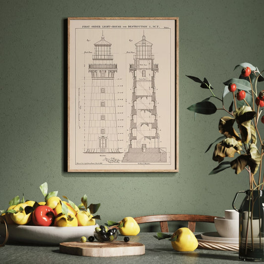 Section and elevation drawing of the Lighthouse at Destruction Island Washington by James G Hill poster, framed and displayed in home decor