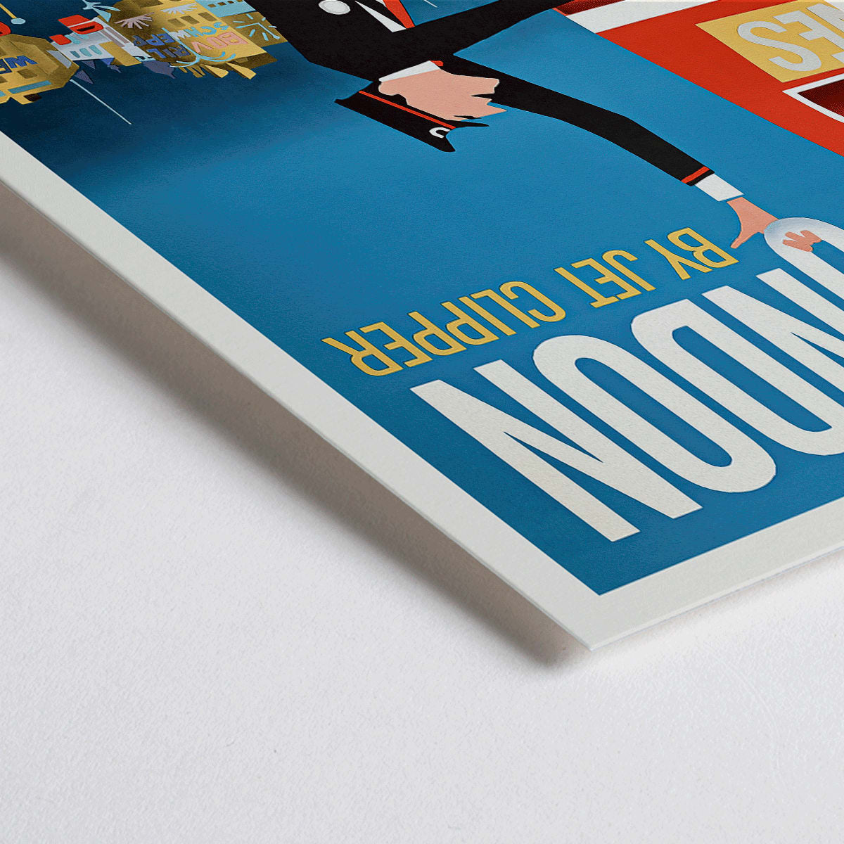 Closeup detail of Vintage Pan Am Airlines poster artwork featuring a flight attendant and double decker bus promoting travel to London by Jet Clipper