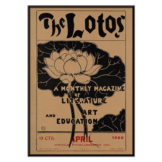 The Lotos monthly magazine cover and poster by Arthur Wesley Dow featuring lotus flower illustration and art education themed typography, with black aluminium frame on white background