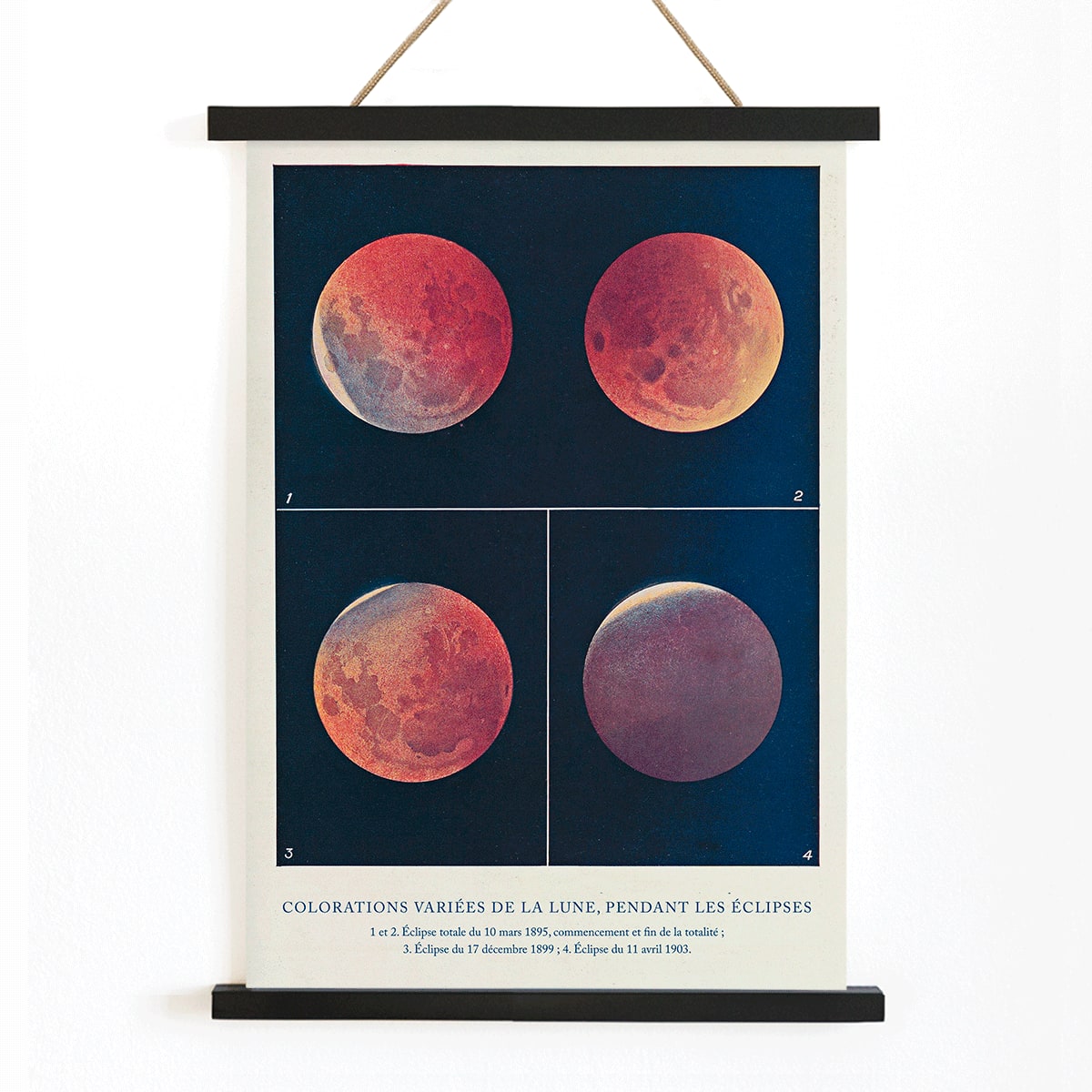 Lunar color variations during eclipses illustration and poster from Colorations variees de la Lune by Alphonse Berget, with wooden magnetic frame on white background