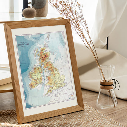 Vintage topographic and physical map poster of the British Isles by John Bartholomew from Gazetteer of the British Isles, framed and displayed in home decor