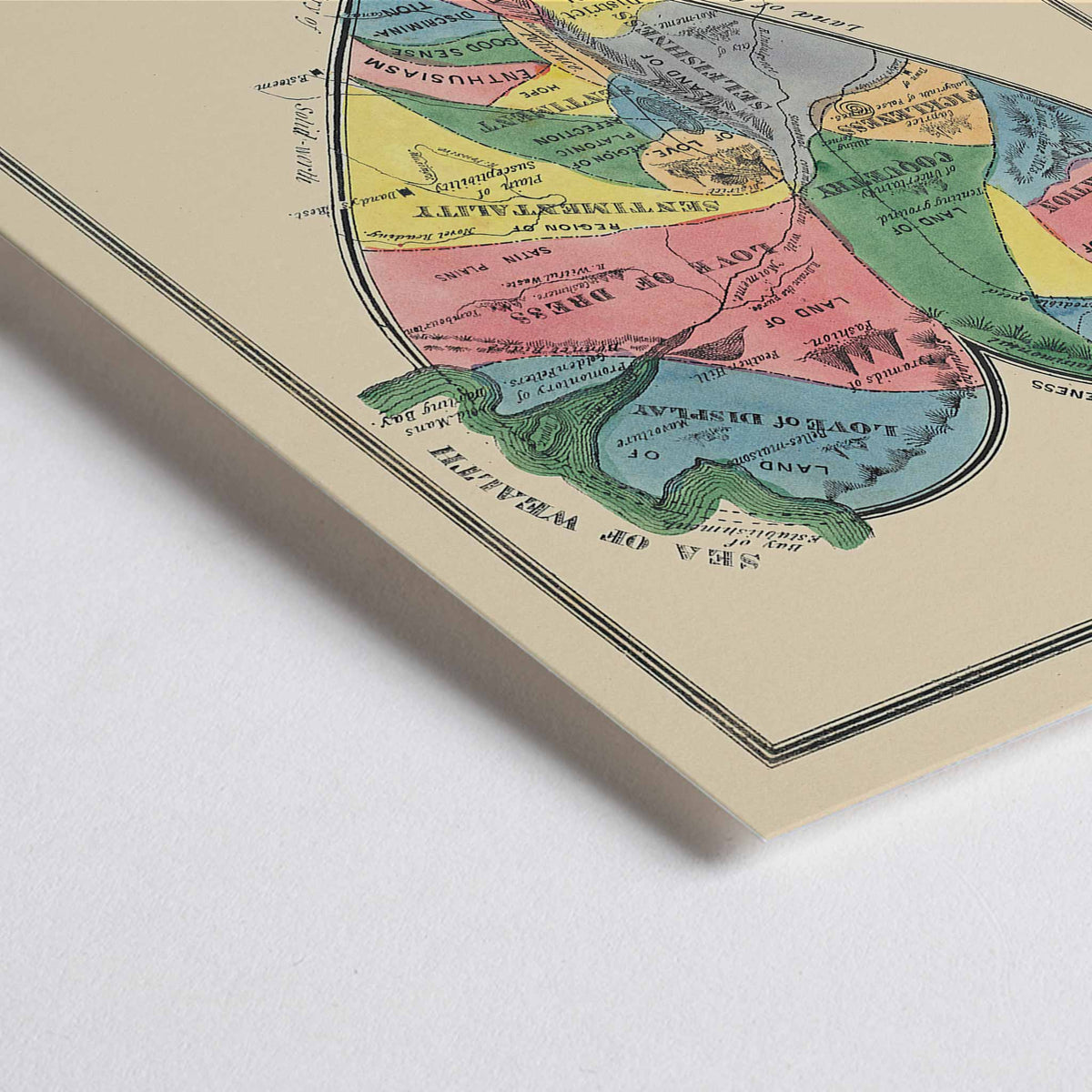 Closeup detail of Open Country of Womans Heart poster by E.B. and E.C. Kellogg, colorful heart shaped map with labeled regions, vintage cartographic style