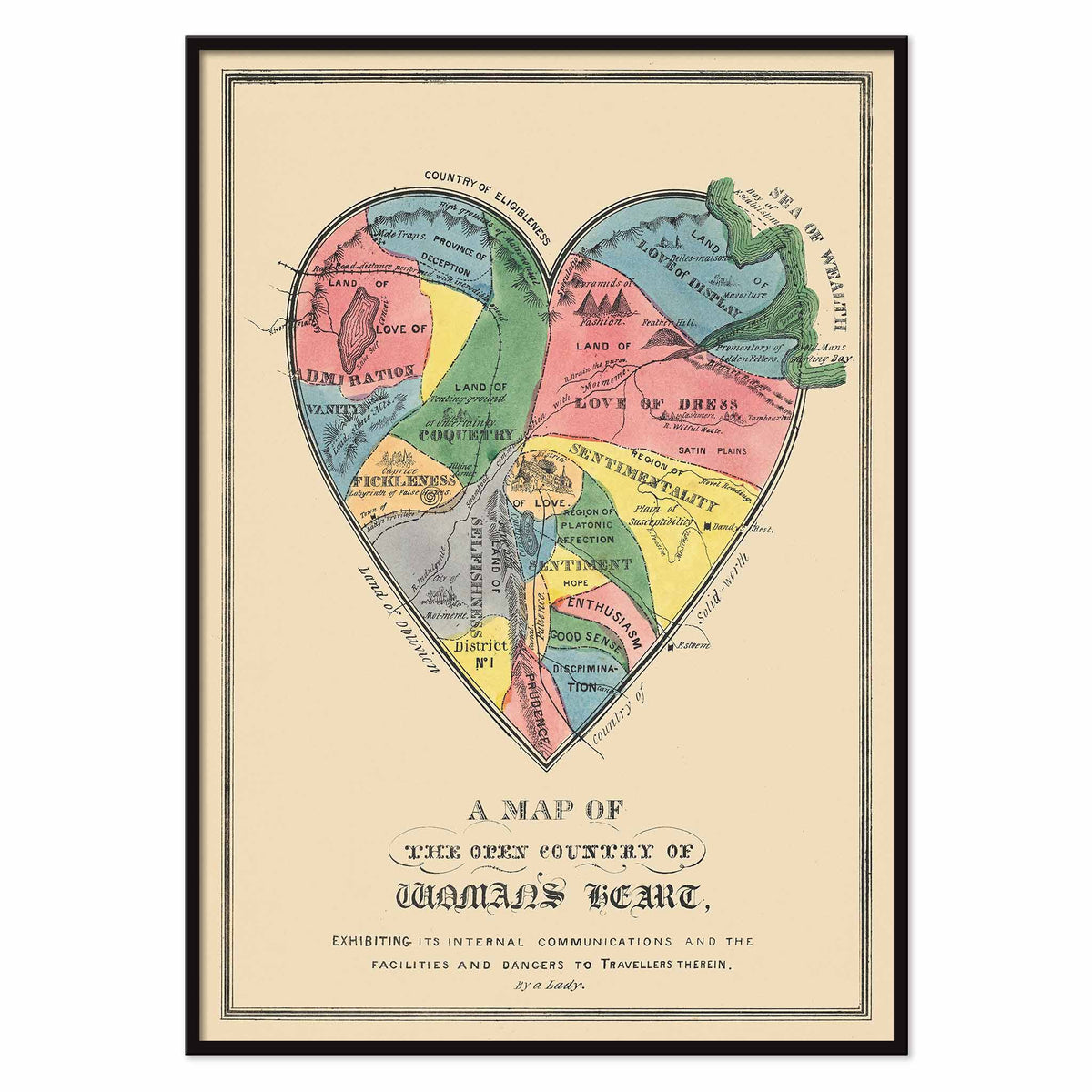 Open Country of Womans Heart poster by E.B. and E.C. Kellogg, colorful heart shaped map with labeled regions, vintage cartographic style, with black aluminium frame on white background