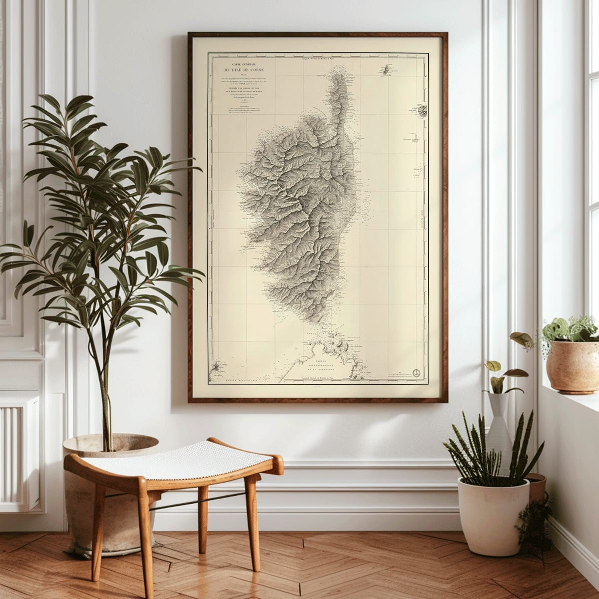 Antique map poster of Corsica Carte Generale De LIle De Corse by Depot General de la Marine detailed geographical wall art, framed and displayed in home decor