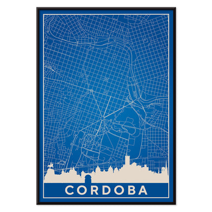 Cordoba Minimalist Map artwork and poster with blue and white grid design and city skyline silhouette, with black aluminium frame on white background
