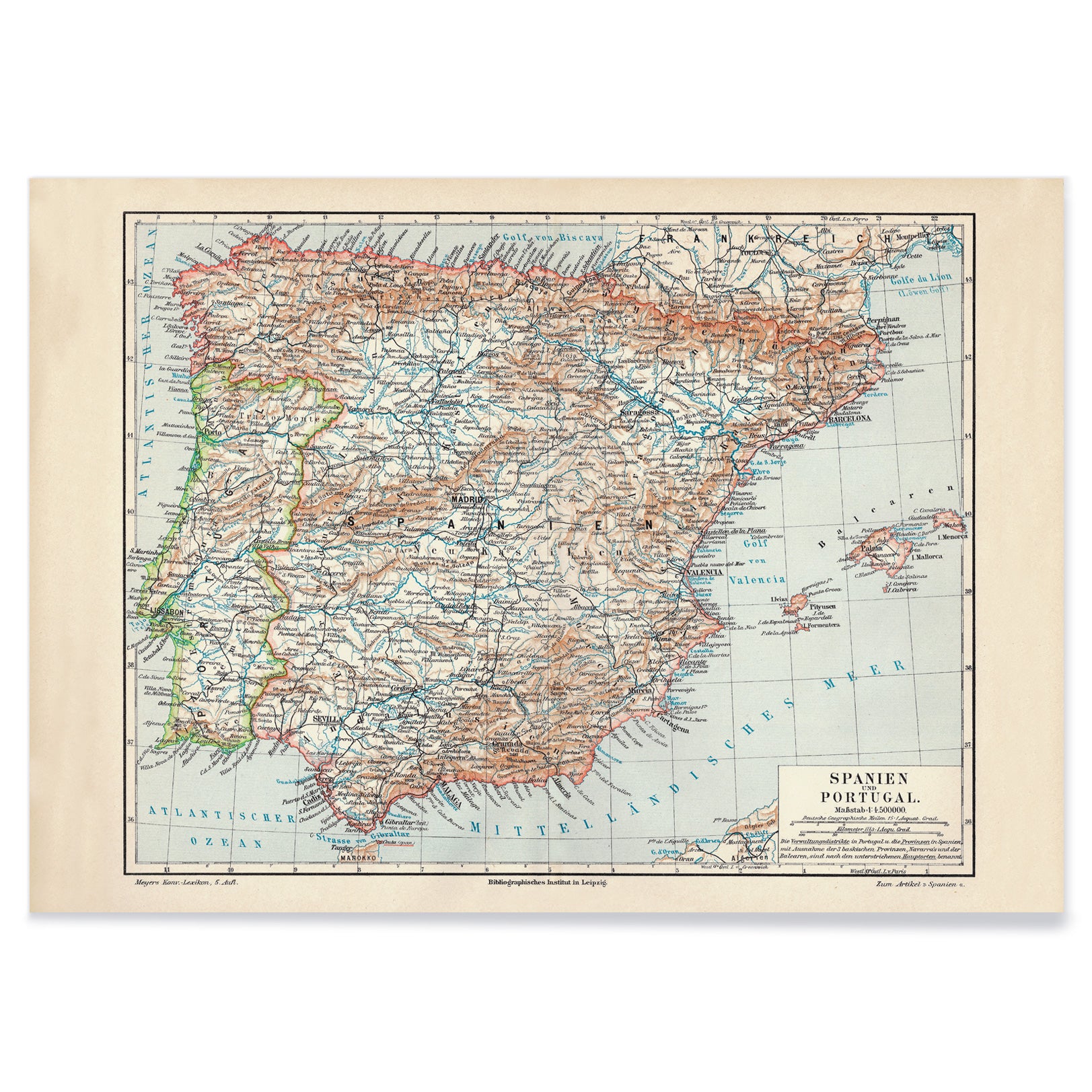 Ancient vintage map of Spain and Portugal with detailed regions and borders by Bibliographic institute of Liepzig poster artwork, with black aluminium frame on white background