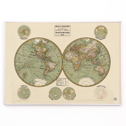 Closeup detail of Vintage world map Mapamundi 2 by Paluzie Lucena Josep with detailed continents and country borders illustration poster