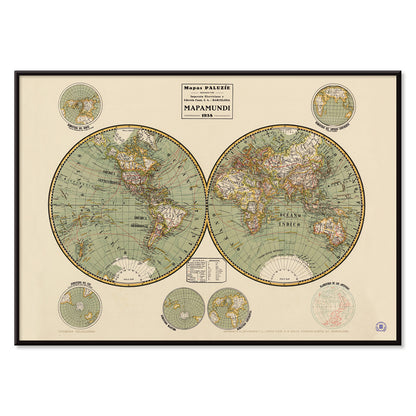 Vintage world map Mapamundi 2 by Paluzie Lucena Josep with detailed continents and country borders illustration poster, with black aluminium frame on white background