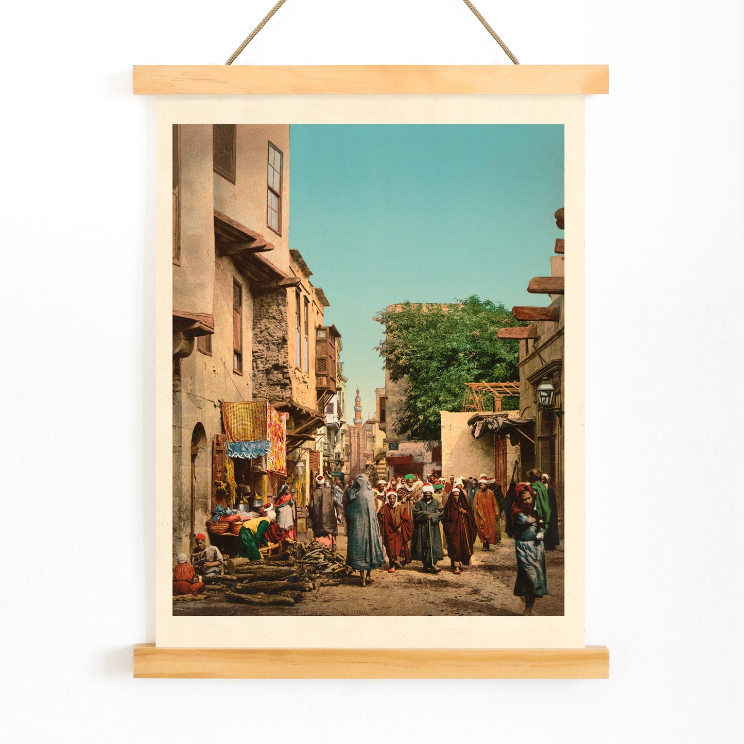 Street scene in North Africa vibrant market view busy street with people artwork by unknown artist poster, with wooden magnetic frame on white background